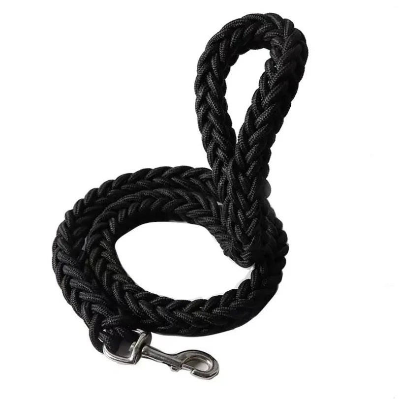Black braided rope leash with metal clip on a white background